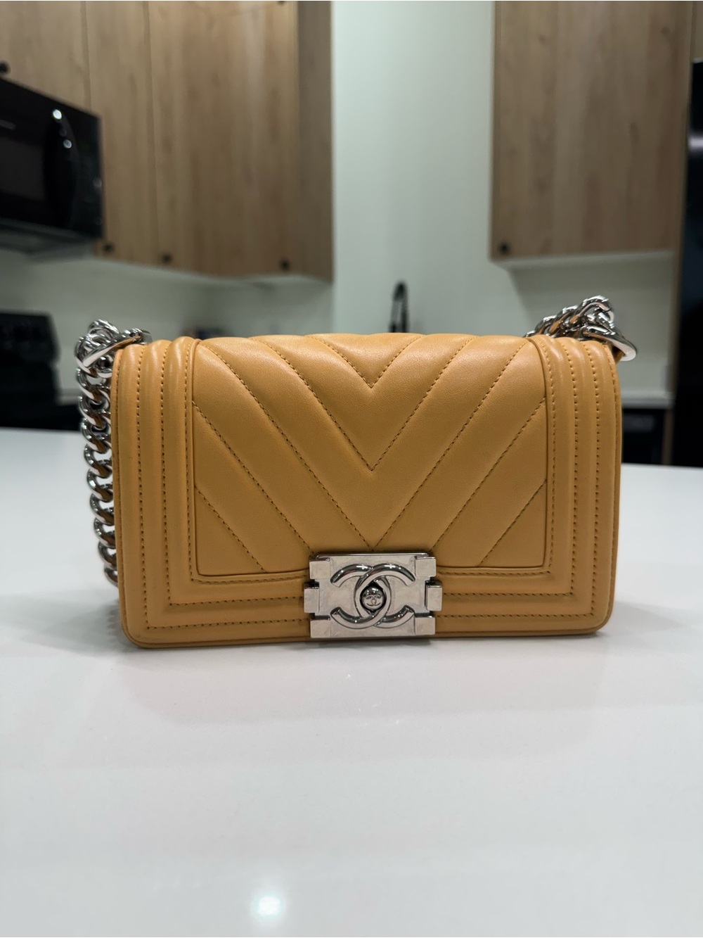 CHANEL Yellow Quilted Chevron Boy Crossbody with Silver Hardware
